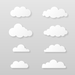 Set of paper white clouds with soft shadow. Cloud template isolated on grey background.