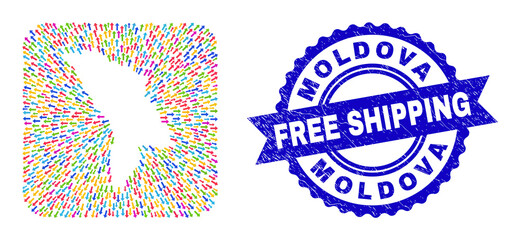 Vector mosaic Moldova map of evacuation arrows and scratched Free Shipping seal. Mosaic Moldova map designed as carved shape from rounded square shape with leaving arrows.