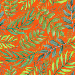 Fototapeta na wymiar Watercolor seamless pattern with vintage leaves. Beautiful botanical print with colorful foliage for decorative design. Bright spring or summer background. Vintage wedding decor. Textile design. 
