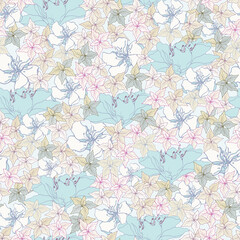 Small white and blue flowers on a white background, floral seamless vector print for fabric, home textile dresses.