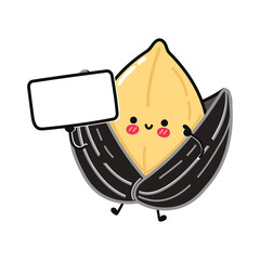 Cute funny sunflower with poster. Vector hand drawn cartoon kawaii character illustration icon. Isolated on blue background. Sunflower think concept