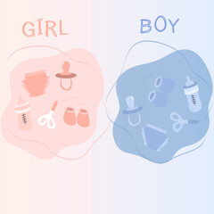set for newborn babies of a boy and a girl. Vector illustration of pacifiers, bottles, nipples, diapers, scratches. Pink and blue color of the background and objects