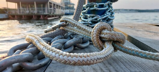 Metal chain, rope and mooring buoy on a wooden pier.