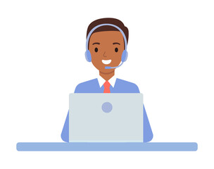 African American young man wearing in headphones, the concept of a call center and online customer support.