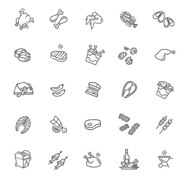 Meat, poultry, fish and seafood - minimal thin line web icon set