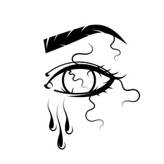 Vector beautiful watercolor illustration with crying eyes. Black illustration. Women s watery eyes. Eyes with flowing mascara