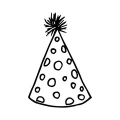 Vector cute black and white birthday hat in doodle style. Outline vector. Cartoon clipart for card, poster, print design. Isolated on white background. Hand drawn doodle illustration.