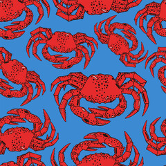 Seamless background with a pattern of hand drawn boiled cooked crab in a shell with claws