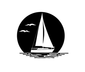 Black and white illustration of sailing boat isolated on white background. Water, birds, sun, silhouettes. Logo.