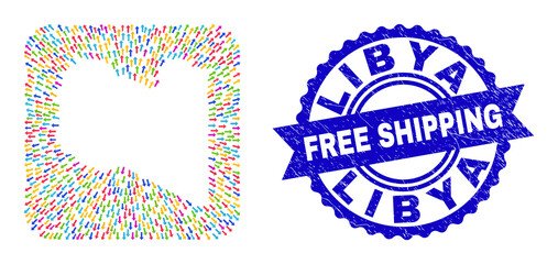 Vector mosaic Libya map of pointing arrows and grunge Free Shipping seal. Mosaic Libya map designed as hole from rounded square shape with pointer arrows.