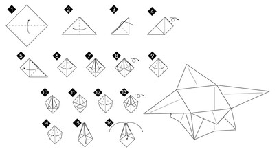 Step by step how to make origami box . Vector monochrome instructions illustration. Black and white paper DIY.