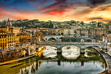 Rome view of Tiber river at sunset
