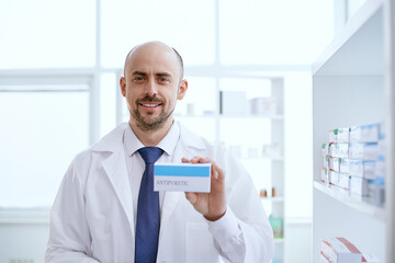 pharmacist showing a box with a new medicine .