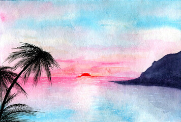Watercolor sunset Landscape.Aesthetic Camping background. Silhouette Beach,mountain and palm