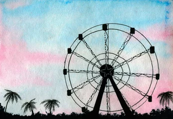 Deurstickers Watercolor sunset Landscape.Aesthetic Camping background. Silhouette ferris wheel and palm tree.Hand draw illustration © FenrirArt