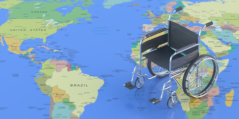 Wheelchair on world map background. 3d illustration