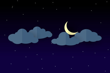 Plakat Moon with Cloud on dark blue sky background. Paper style Vector for website, background, design, banner.