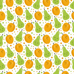 vector seamless pattern with cartoon fruits. it can be used as wallpaper, poster, print for clothes, fabrics, textiles, notebooks, packaging paper. food background. apricot and pear