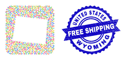 Vector collage Wyoming State map of navigation arrows and scratched Free Shipping stamp. Mosaic Wyoming State map constructed as stencil from rounded square using direction arrows.