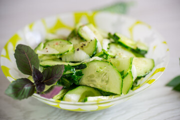 fresh organic cucumber salad with herbs and basil in a plate
