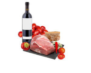 wine and cheese meat mix vegetables on a plate isolated white background with clipping path