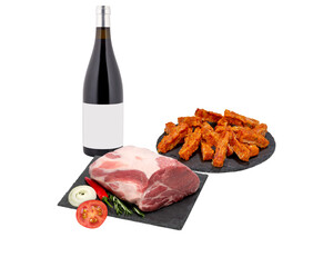 wine meat and vegetables on a plate isolated on white background with clipping path