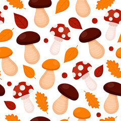 Seamless pattern with different mushrooms, leaves and berries. Autumn forest background. Agaric, boletus, orange leaves.  Flat style vector illustration. Can be used for fabrics, print,wrapping paper