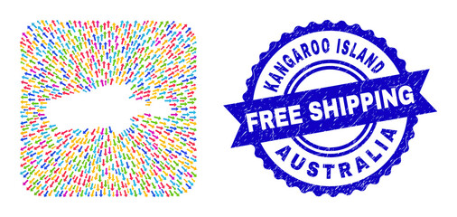 Vector collage Kangaroo Island map of pointer arrows and rubber Free Shipping stamp. Collage Kangaroo Island map created as carved shape from rounded square shape with motion arrows.