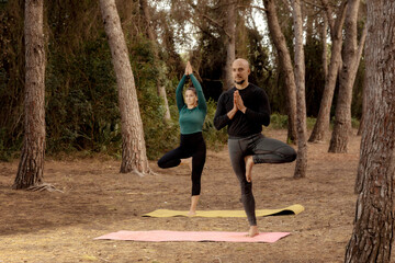 Two people concentrating on yoga poses in contact with nature.