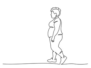 Fat woman walking. Continuous one line drawing.