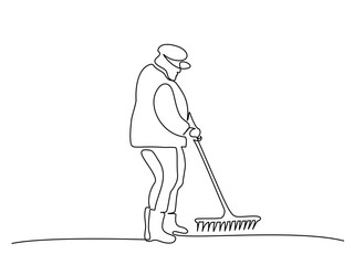 Gardener old man with shovel. Continuous one line drawing.