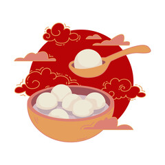 Delicious glutinous rice balls in a traditional green porcelain bowl against a red sky and clouds background. Taiwanese traditional holiday food. Lantern Festival. Vector illustration in flat style
