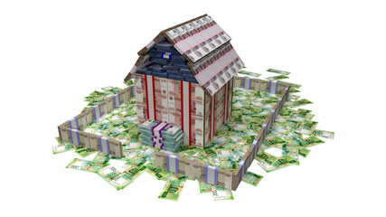 3D Art-Abstract illustration of the construction of houses from banknotes
