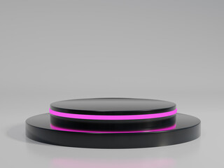 Realistic product display. 3D rendering podium indoor space with lighting. Black color round stand. Illustration.