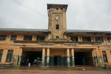 Takoradi Railway Station, it is raining. Rainy season in West Africa. Sekondi-Takoradi, Ghana.