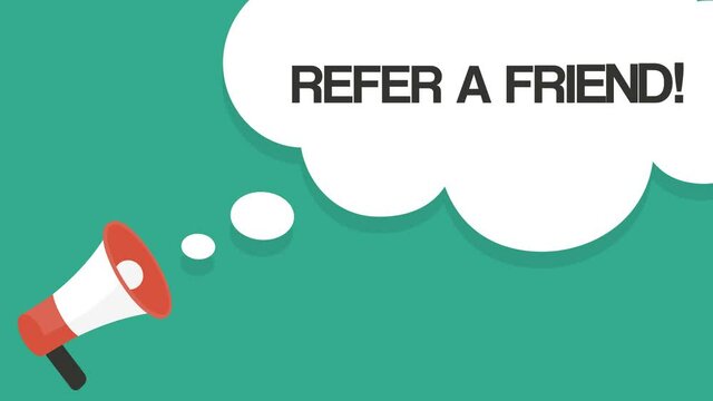 Megaphone with refer a friend. Poster in flat style. Motion graphics. 4k