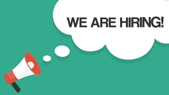 We are Hiring web banner. Megaphone With We are Hiring Speech Bubble on green background. Motion graphics. 4k