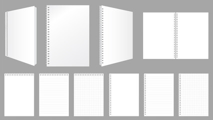 Blank spiral notebook covers, sheets and pages with lines and checks vector illustration mockup set.