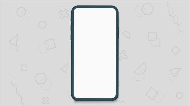 Green smartphone with retro abstract 80's 90's design pattern background. Memphis style with geometrical shapes of different vintage colors.