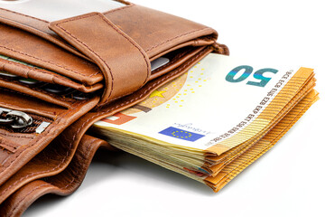 A macro shot of a brown mens leather wallet with a stack of Euro banknotes inside, isolated on a white background, visible 50 Euro.