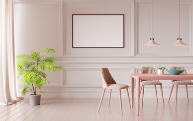 Pastel interior in classic style with dining table in the living room in white-pink tone.3d remdering