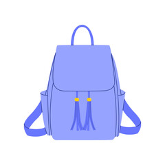 Flat vector illustration of a blue backpack. A stylish accessory for studying, traveling, walking. Isolated design on a white background.