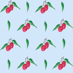 Lychee pink tropical fruits on a blue background. Seamless pattern. Fresh exotic berries watercolor illustration. For printing on textiles.