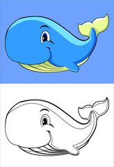 Funny scalable cartoon Whale with coloring version.