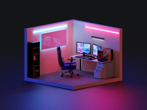 3d Render Gaming Room Isometric., 3d Illustration.