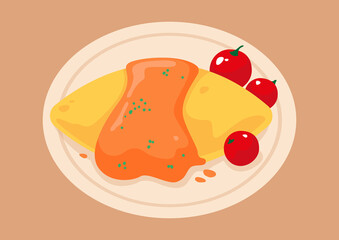 Omuraisuon a white plate. Japanese traditional omelet. Vector illustration of omelet rice, omelet