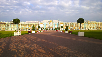 Facade of Catherine Palace located in suburb of St. Petersburg, in city of Pushkin, Russia....