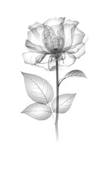 x-ray image of a flower isolated on white, the rose 3d illustration. X-ray drawing of flower. Delicate petals, pistils, stamens. Botanical drawing. black and white image.