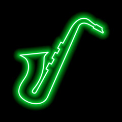 Neon saxophone on a black background. Green contour.