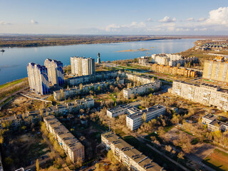 Spring Volgograd cityscape, aerial view from drone
